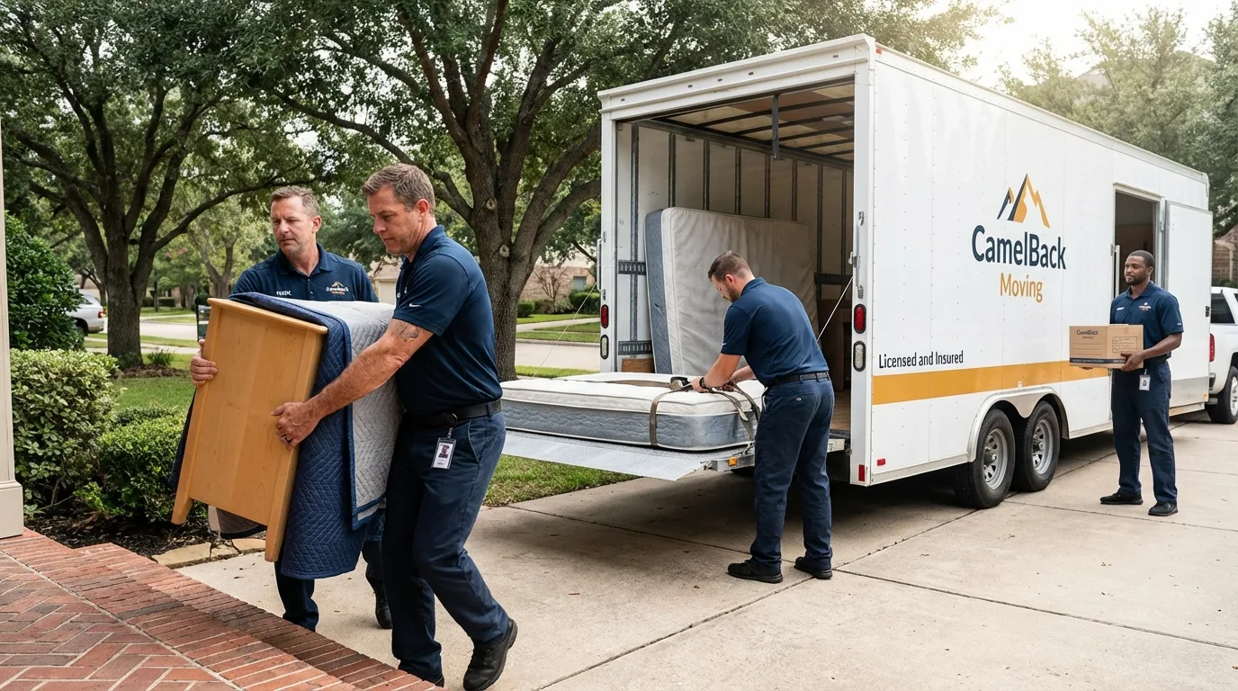 Crew loading residential truck for cross-state move from Arlington, MA