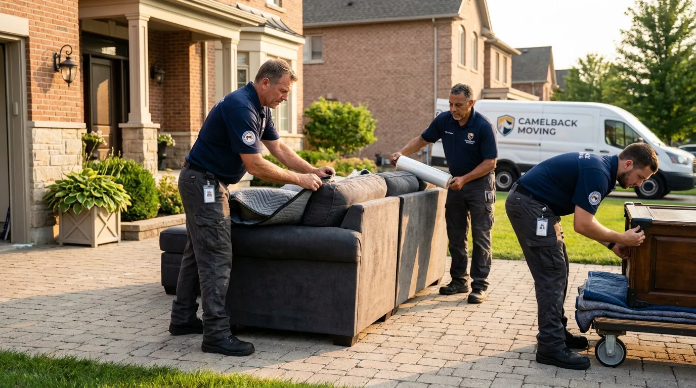 Large estate moving crew wrapping furniture in Arlington, MA