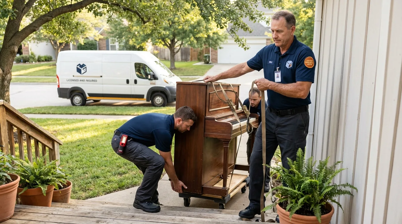 Licensed piano movers securing grand piano in Arlington, MA