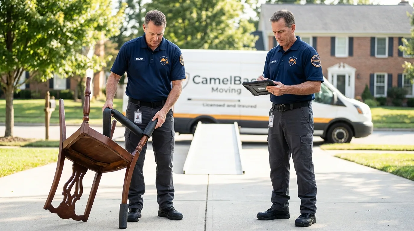 Movers inspecting furniture for damage prevention before loading in Arlington, MA
