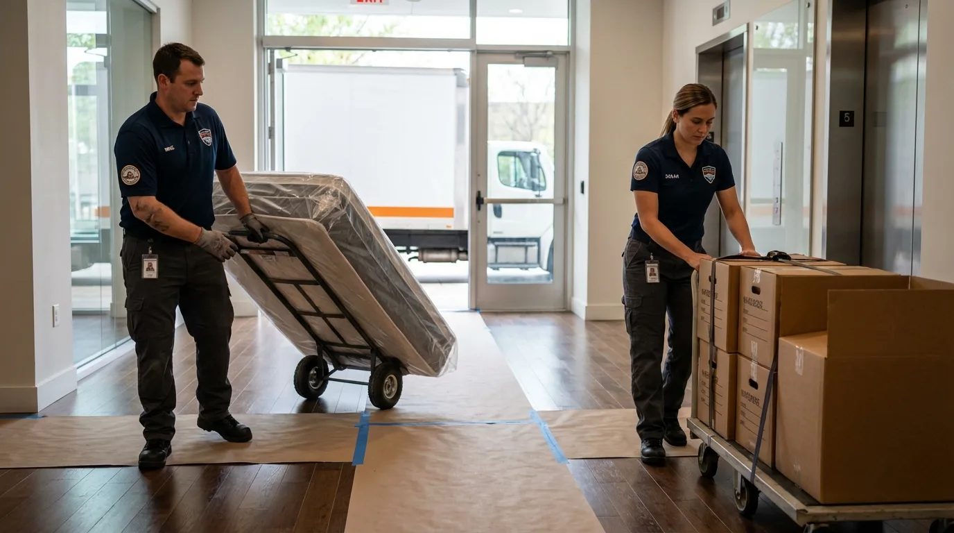 Professional apartment movers loading elevator in Arlington, MA