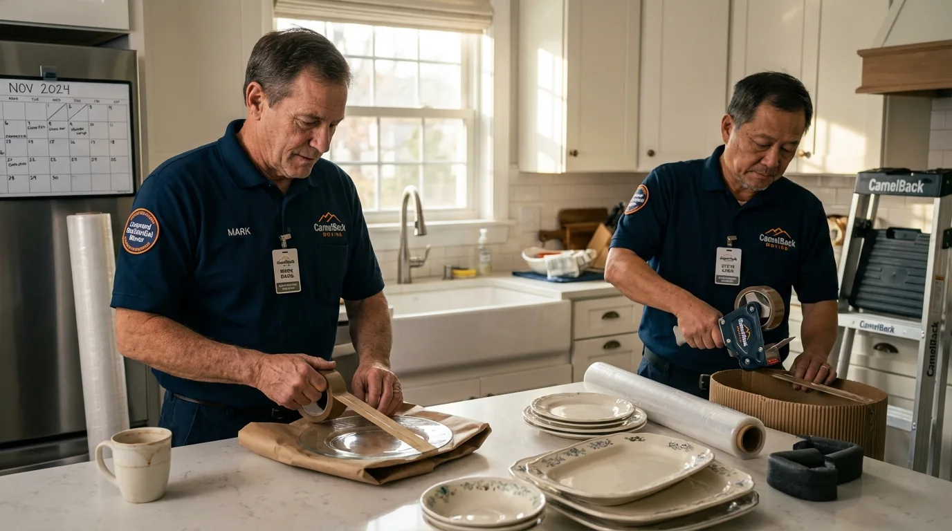 Professional crew packing kitchen dishware in Arlington, MA
